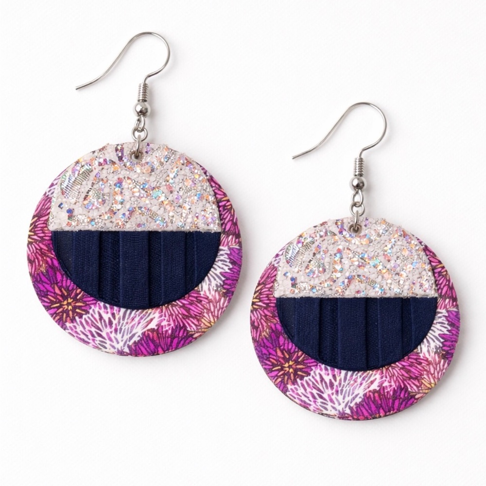 For Keeps NWT Triple Horizon Leather Dangle Earrings Floral Navy Silver Boho